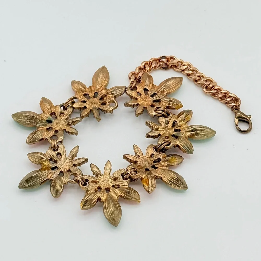 Pastel Rhinestone Floral Statement Bracelet Mint Pink Gold Tone Glam